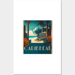 Caribbean Beach Resort Vintage Travel Art Poster Posters and Art